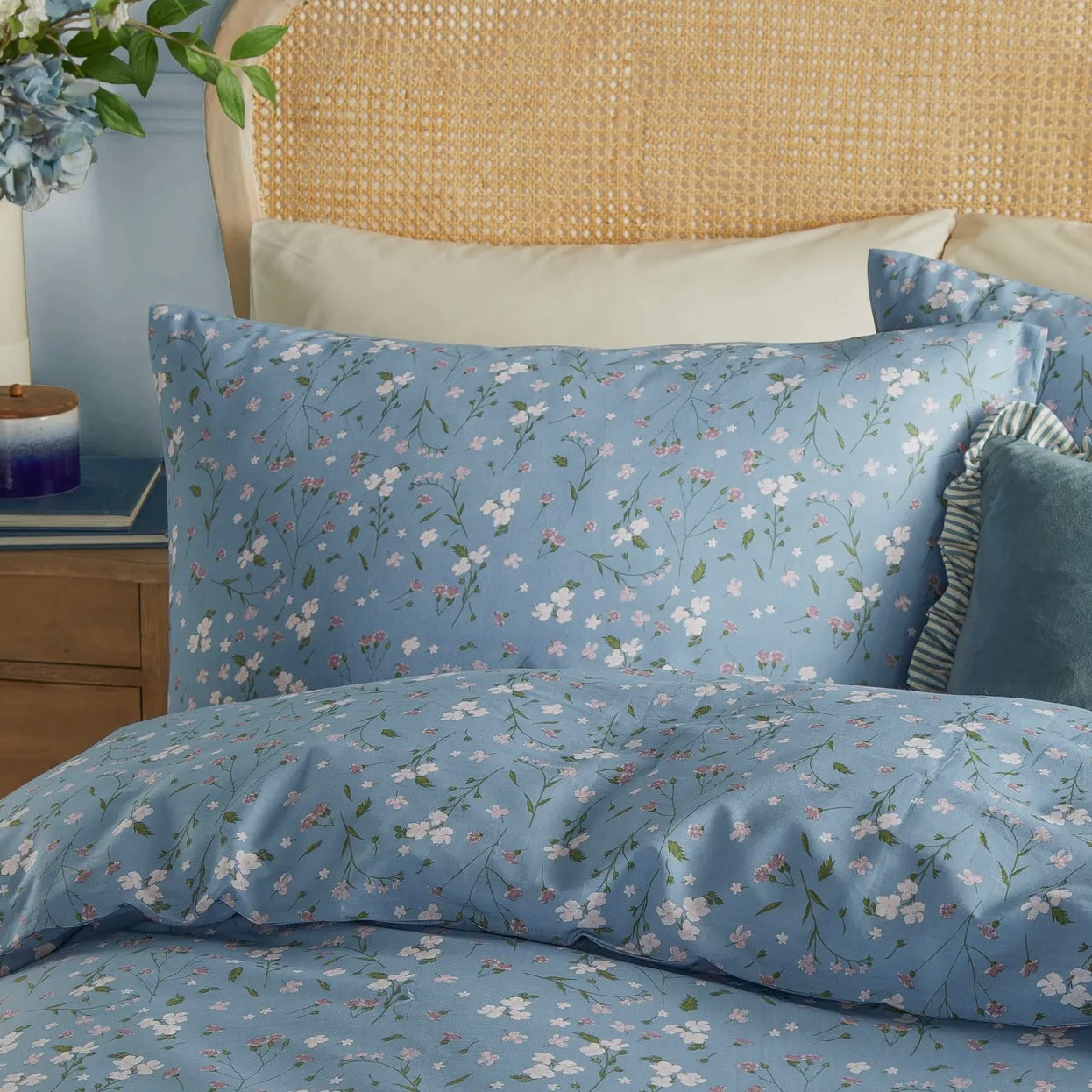 NUOVO Set Copripiumino matrimoniale FLORAL AZZURRO double face