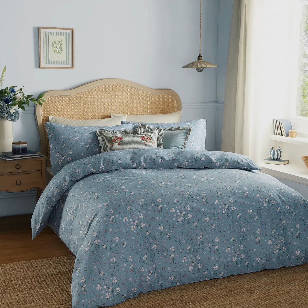 NUOVO Set Copripiumino matrimoniale FLORAL AZZURRO double face