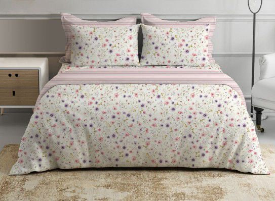 Completo letto FIORI DI CAMPO matrimoniale in percalle di cotone DOUBLE FACE