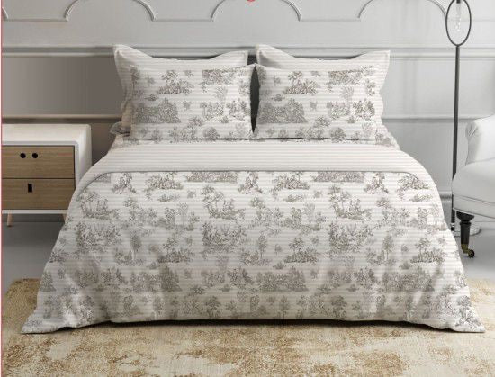 Completo letto TOILE DE JOUY matrimoniale in PERCALLE di cotone DOUBLE FACE