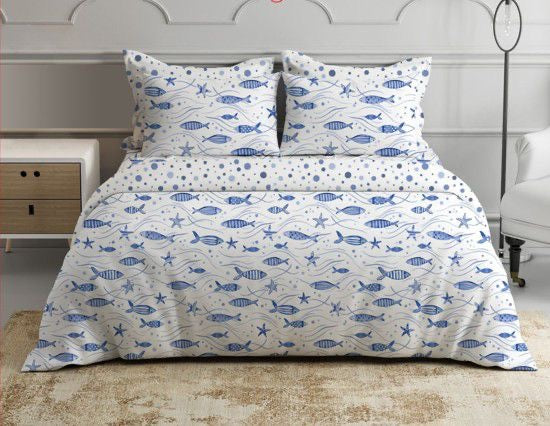 Completo letto PESCIOLINI matrimoniale in percalle di cotone DOUBLE FACE