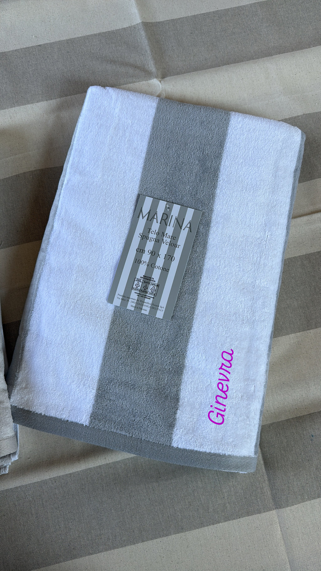 Telo mare spugna velour RIGHE GRIGIE personalizzato
