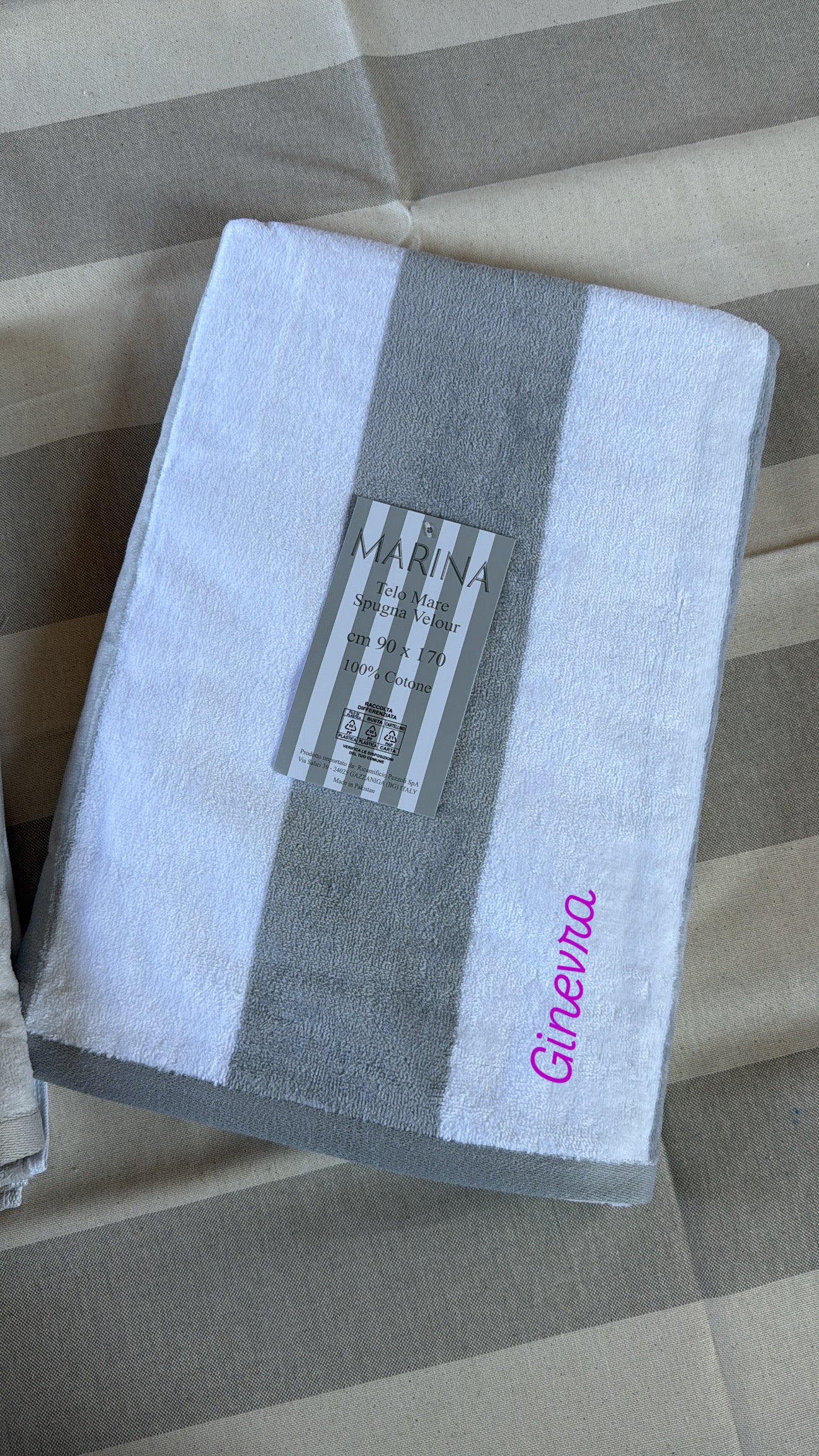 Telo mare spugna velour RIGHE GRIGIE personalizzato
