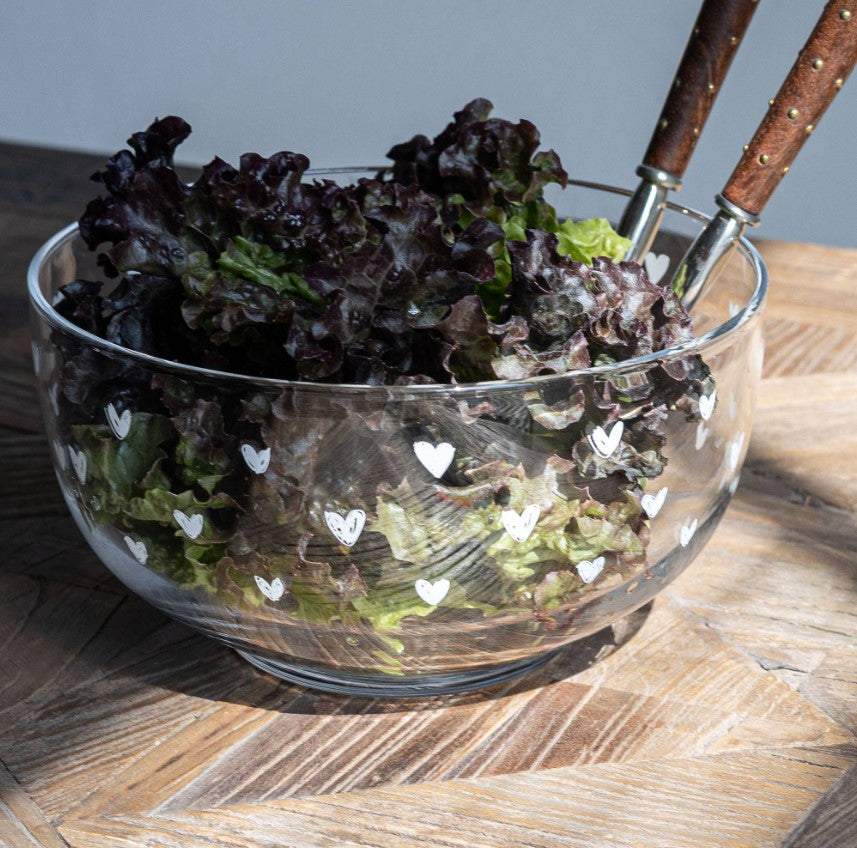 Insalatiera in vetro borosilicato con cuoricini bianchi